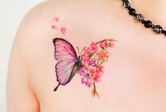 Butterfly Flower Collarbone Tattoo