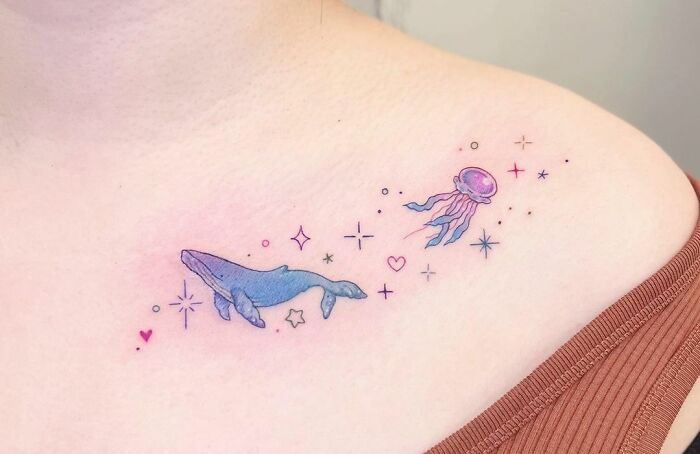 Whale And A Jellyfish collarbone tattoo