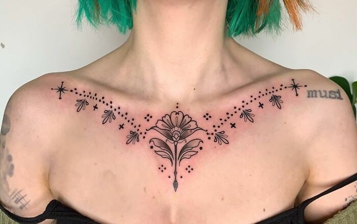 Art Nouveau Flower With Ornaments Collarbone Tattoo