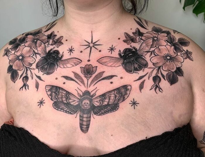 Moth With Bugs collarbone tattoo