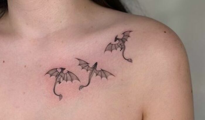 Three Little Dragons Collarbone Tattoo