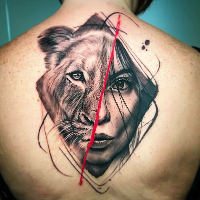 Trash Polka tattoo design of a lioness and woman's face with red accent on back.