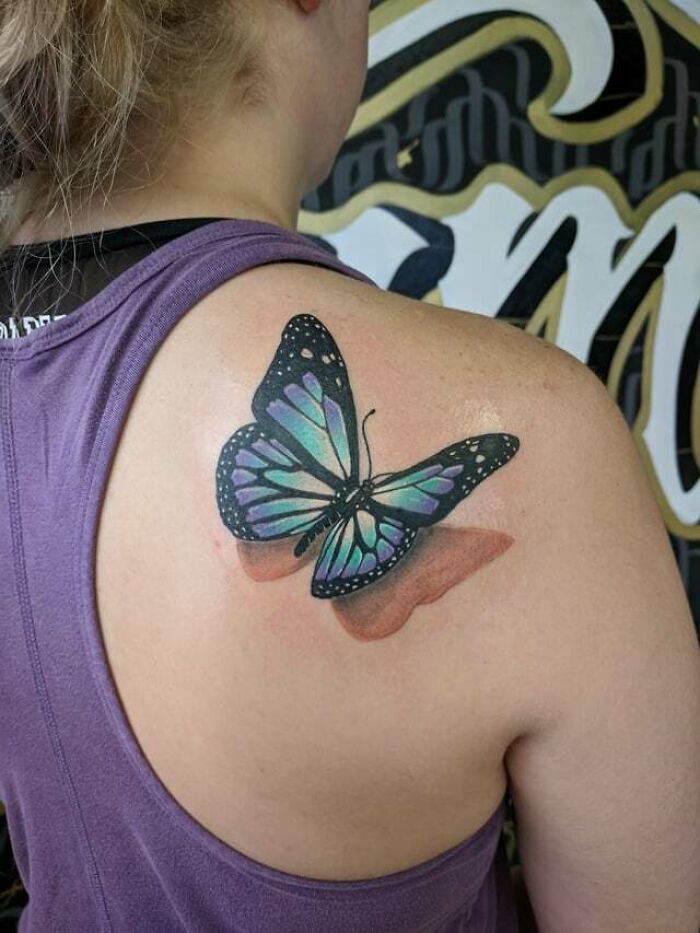 3D blue Butterfly back shoulder Tattoo