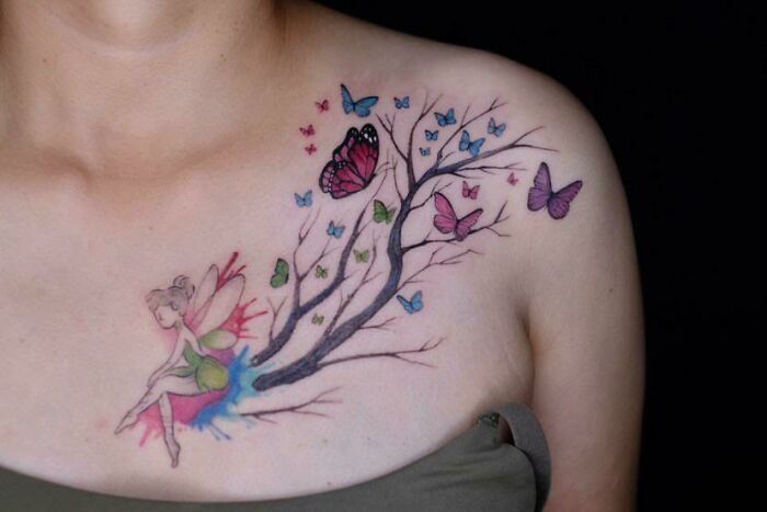 Fairy With Butterflies and branches chest Tattoo