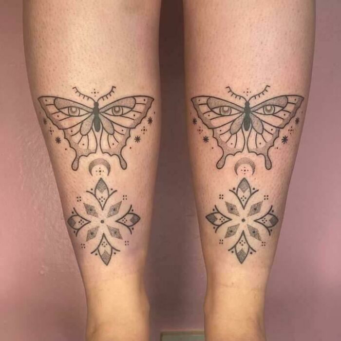 geometrical Matching Butterflies with eyes leg Tattoo