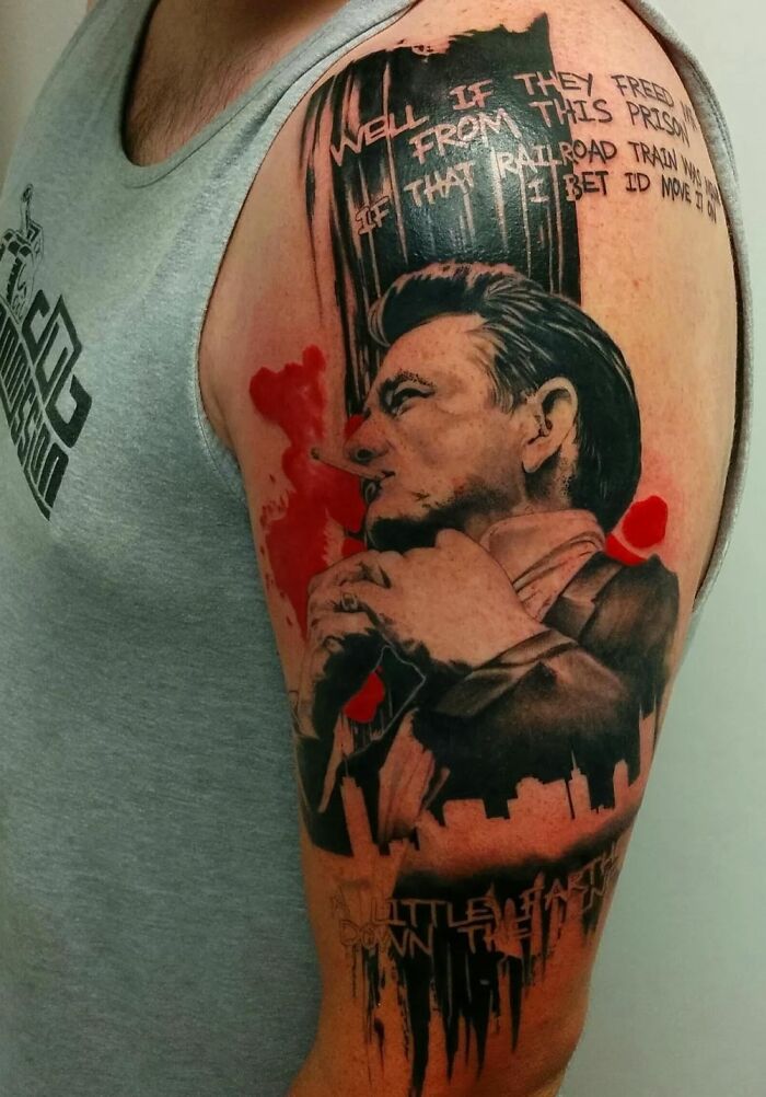 thejusticeprince:johnny-cash-blue-portriat-tattooed-by-justice-prince-johnny -cash-cocaine-swirlies-music-heres-johnny-lettering-musicians