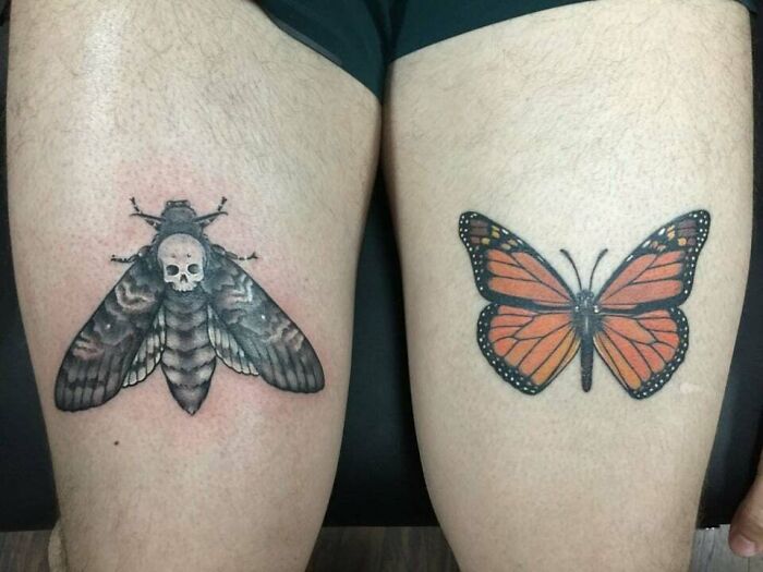 Monarch Butterfly And Death's Mark Hawk Moth legs Tattoos