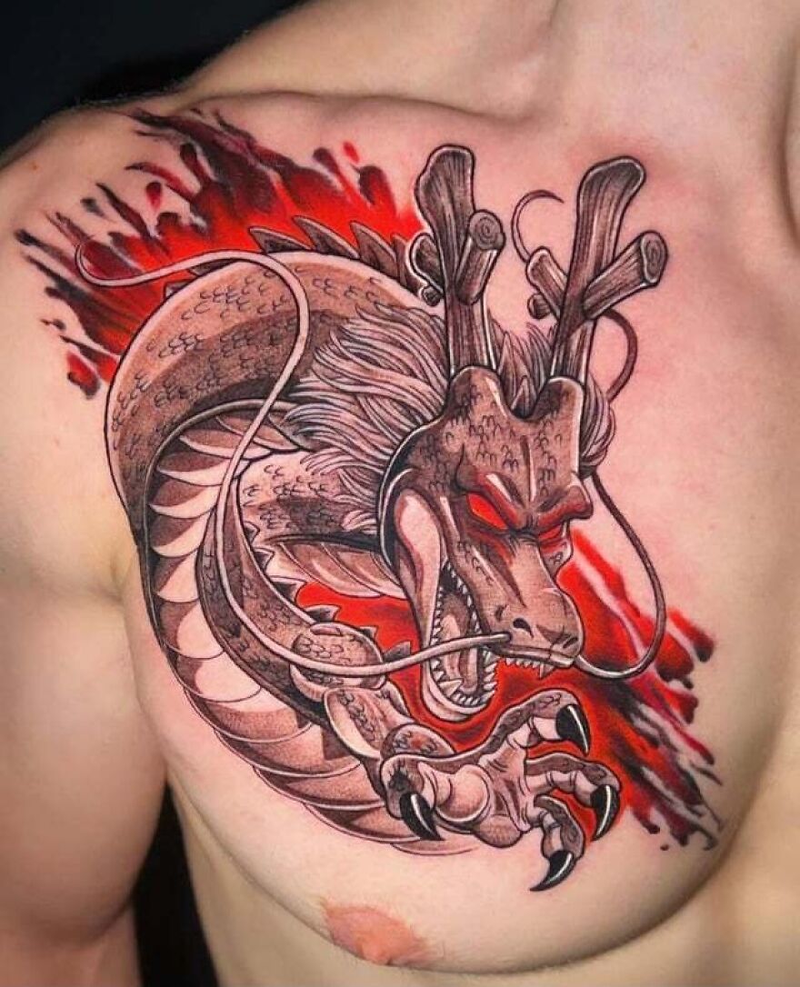 detailed tattoo of shenron dragon with red eyes