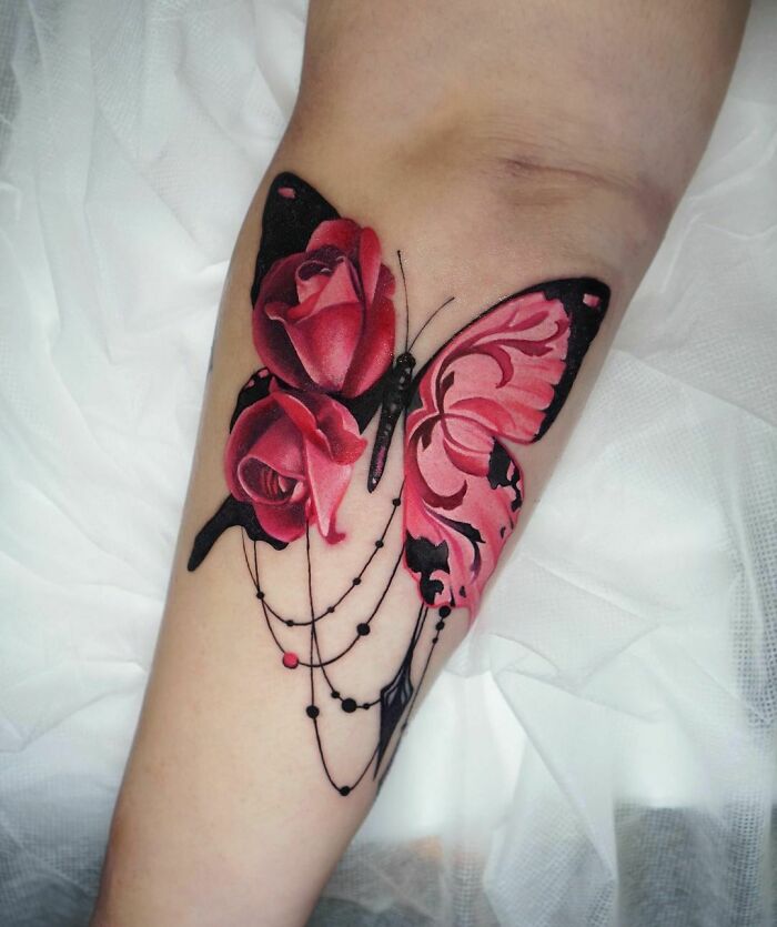 Pink Rose Butterfly arm Tattoo