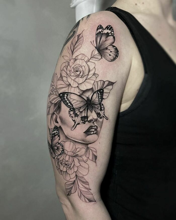 Woman With Flowers And Butterflies arm sleeve Tattoo