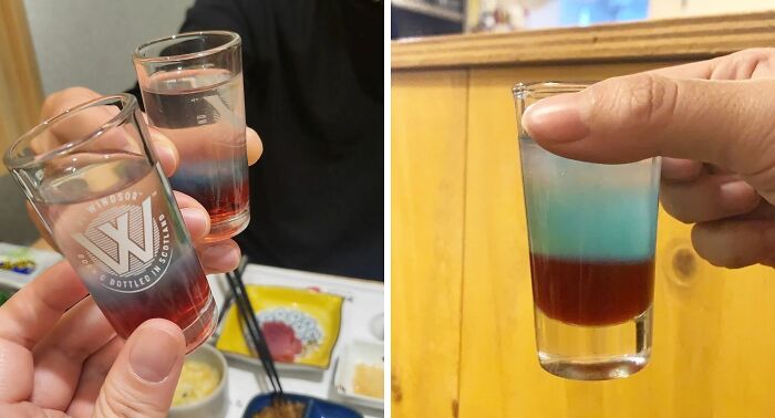 shots glasses with three colors liquides 