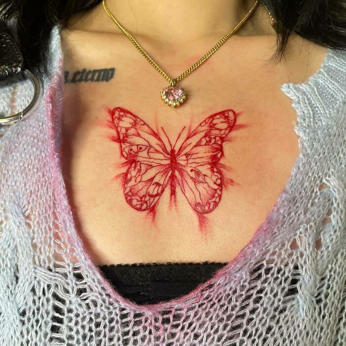 Red Butterfly chest Tattoo