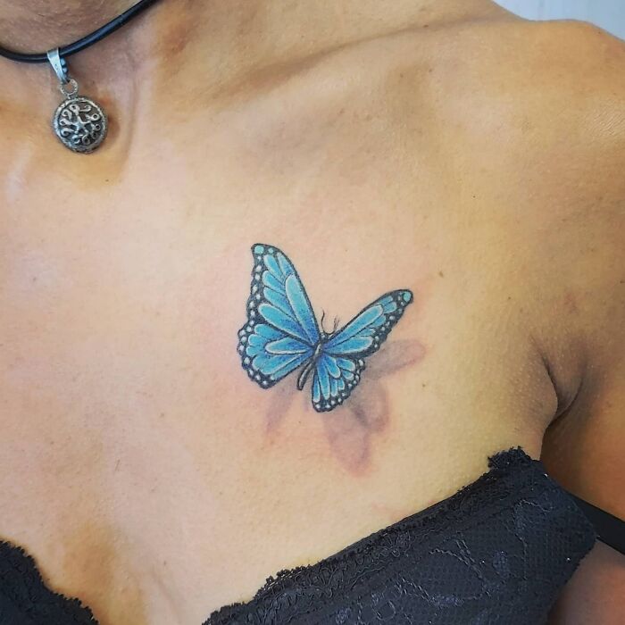 3D blue Butterfly chest side Tattoo