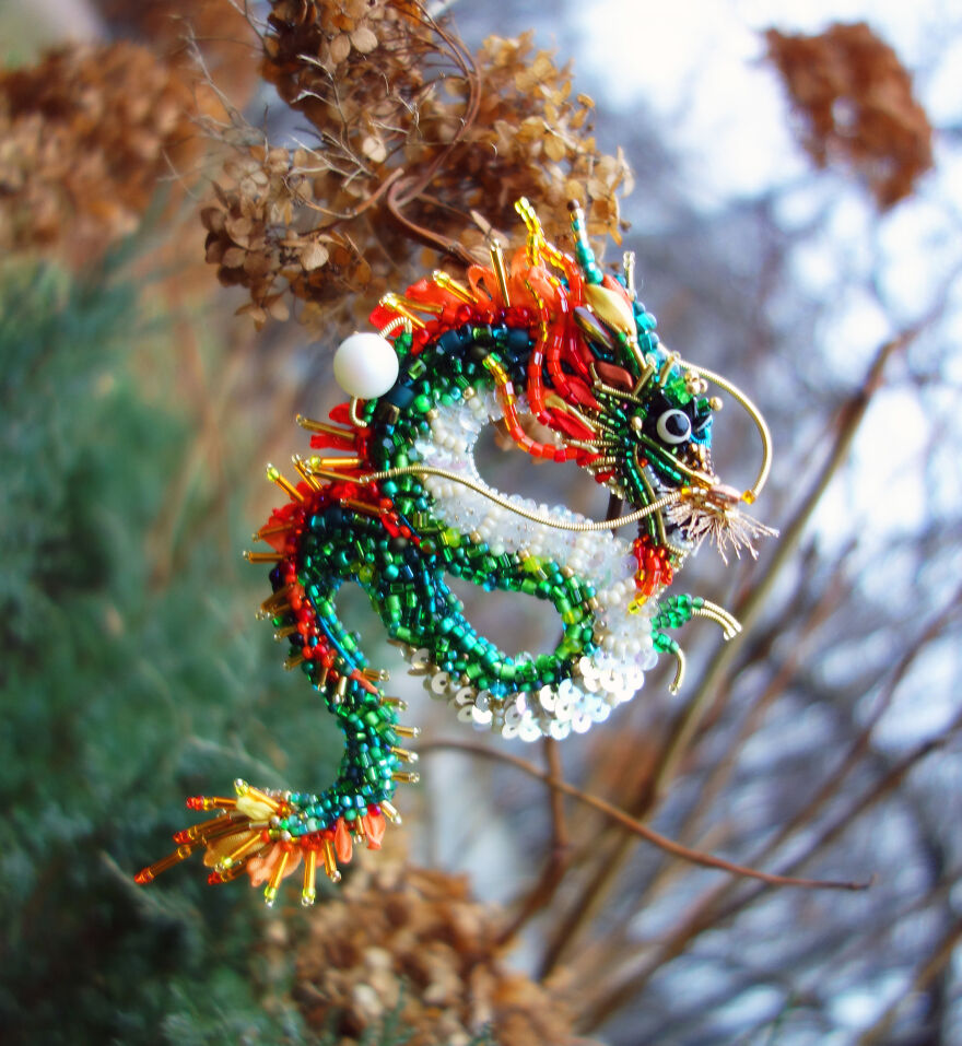 Chinese Dragon Beaded Brooch