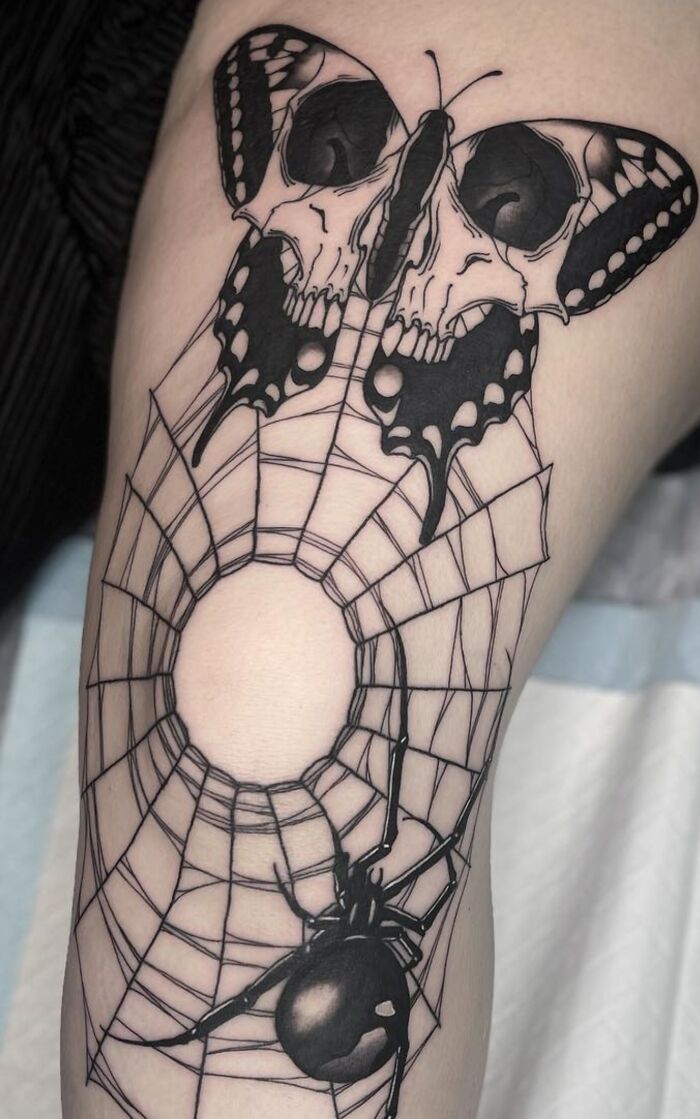  Web And Skull Butterfly with spider On Knee And Thigh tattoo
