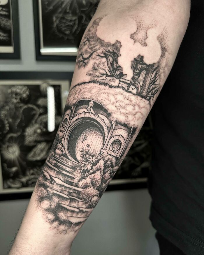 Hobbit house in the Shire tattoo