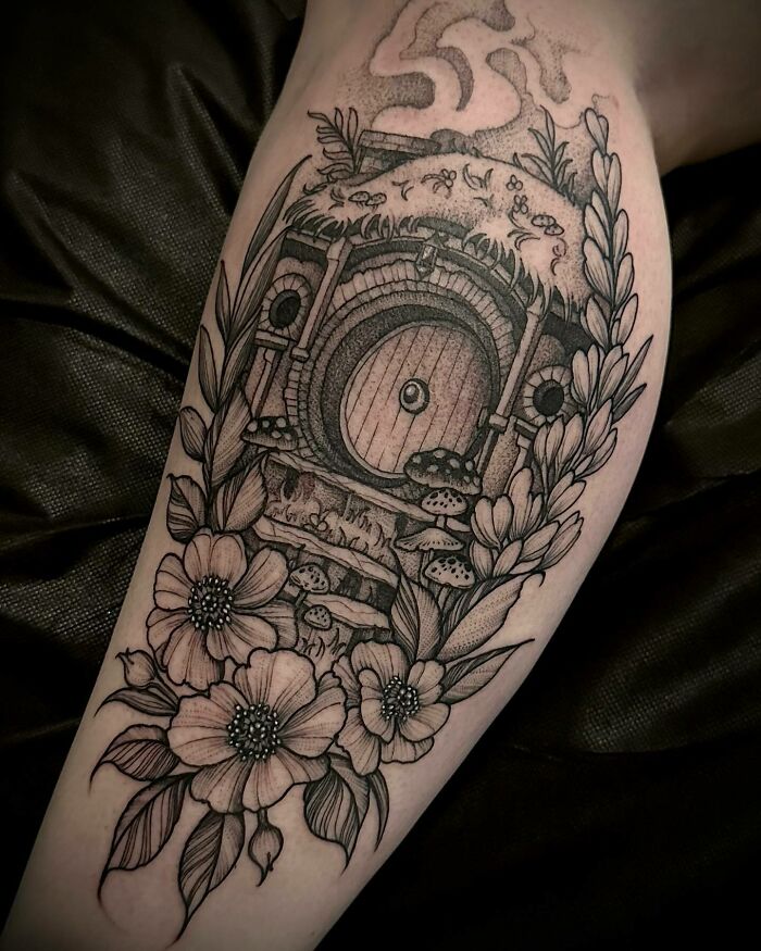 Hobbit house with flowers tattoo 