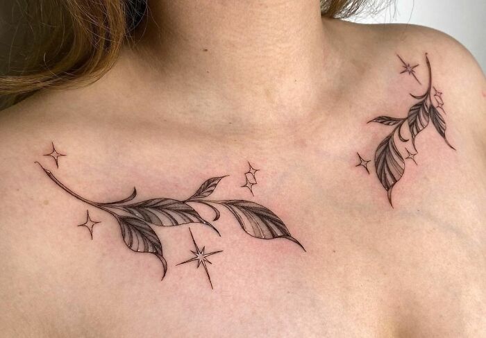 Sparkly Leaves Collarbone Tattoo