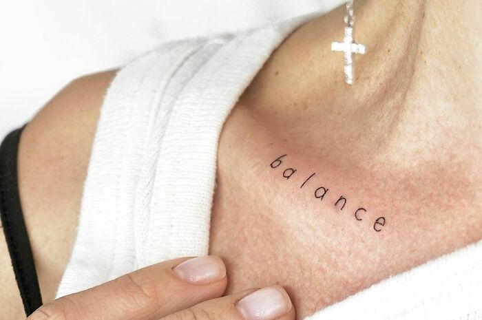 Balance Collarbone Lettering Tattoo