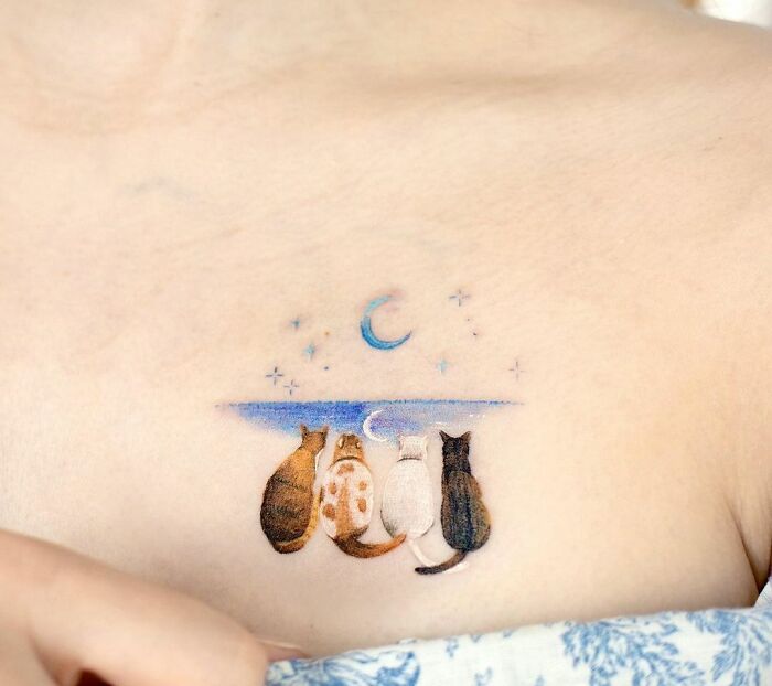 Cats Looking Over The Sea Collarbone Tattoo