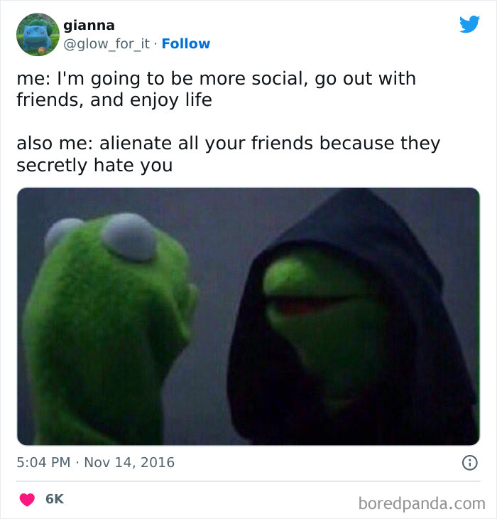 Evil Kermit the Frog meme with caption about socializing and self-doubt.