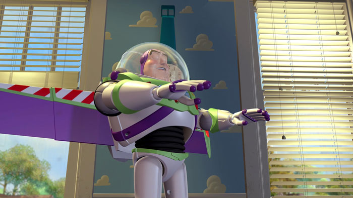 Buzz Lightyear staying in the center of the room with closed eyes