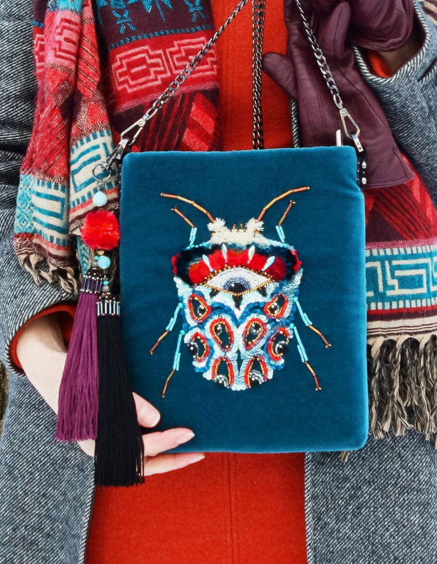 Many Eye Beetle Beaded Velvet Bag In Boho Style