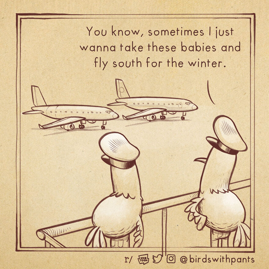 Birds With Pants, A Single Panel Comic About Animals Trying To Be Human