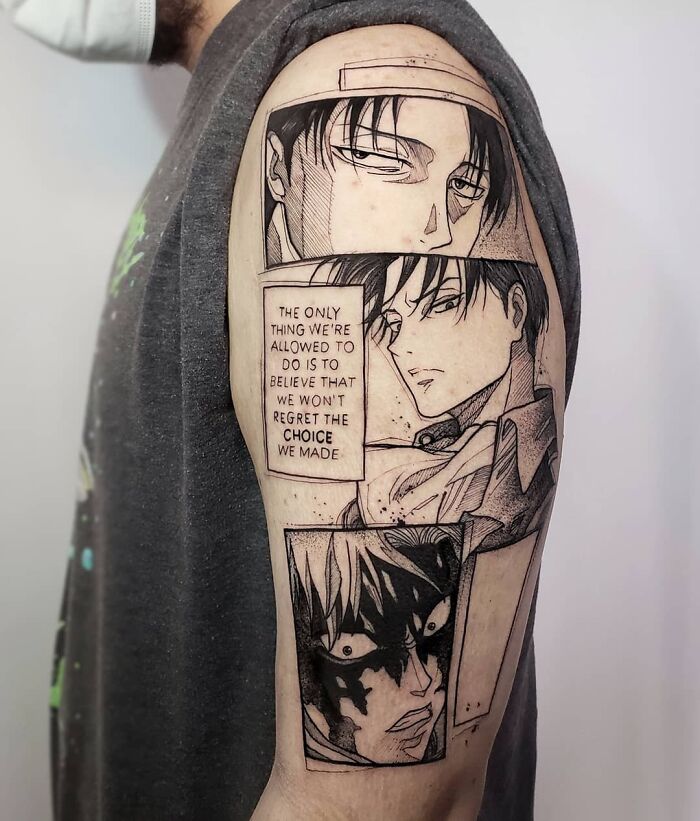 Pop culture tattoo featuring detailed manga-style art and bold dialogue on a person's arm.