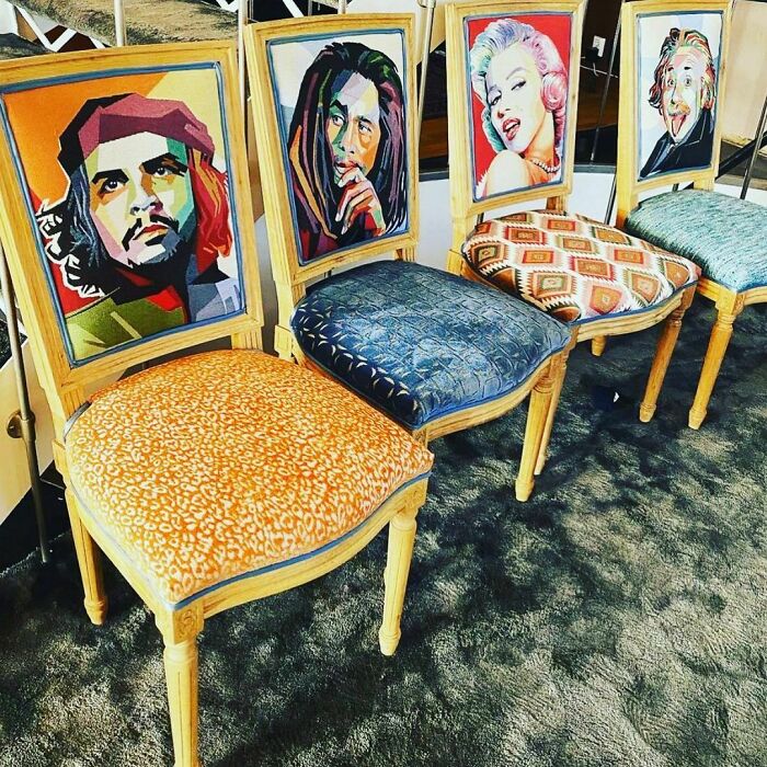 Chairs with famous peoples' portraits 