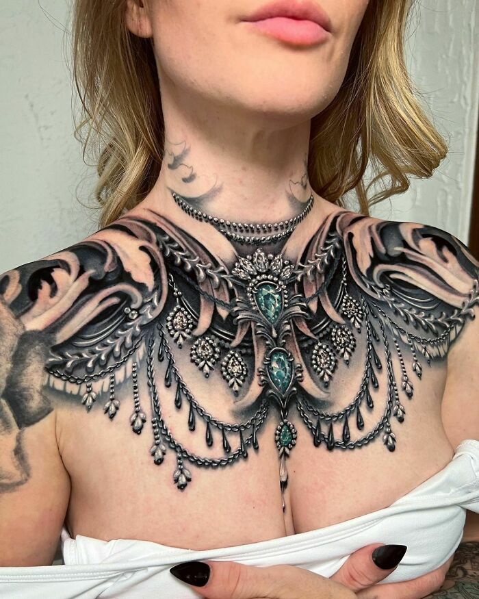 intricate Collarbone Jewelry Tattoo