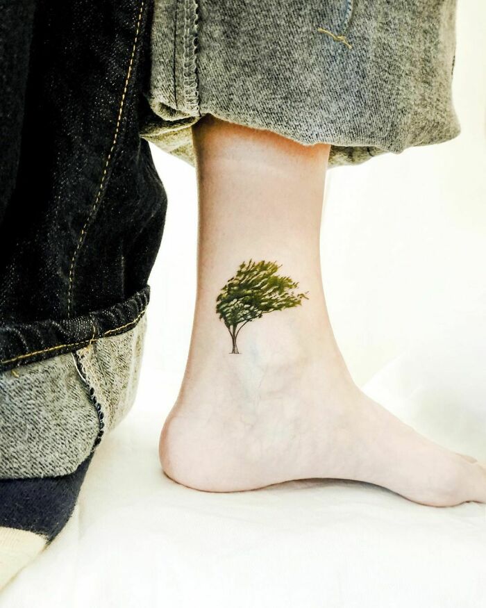 Tree On A Windy Day Ankle Tattoo
