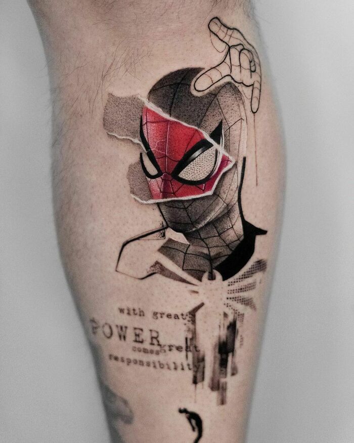 Pop culture tattoo featuring a comic-inspired design of a superhero with text.