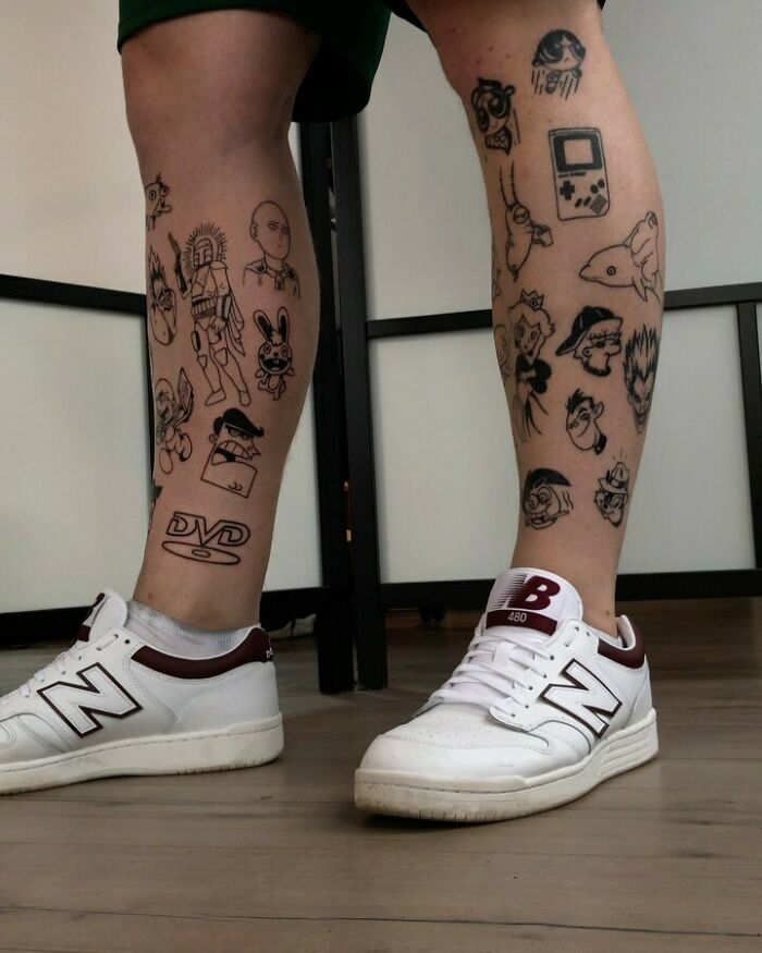 Cartoon Character Patchwork Leg Tattoos