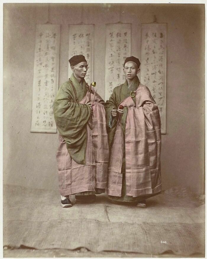 Two Buddhist Monks With Rosary, Bell And Slit Drum In 1875