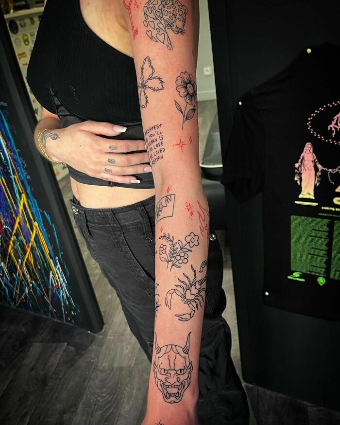 Black And Red Patchwork Arm Sleeve Tattoos 