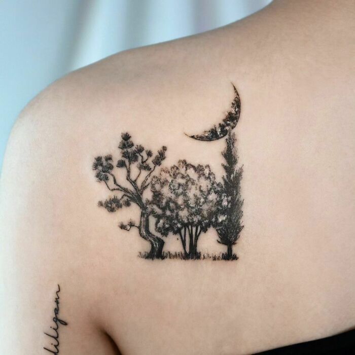 Poplar Trees Along With The Moon Tattoo
