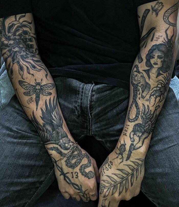 Sharp Full Hand Patchwork Tattoos 