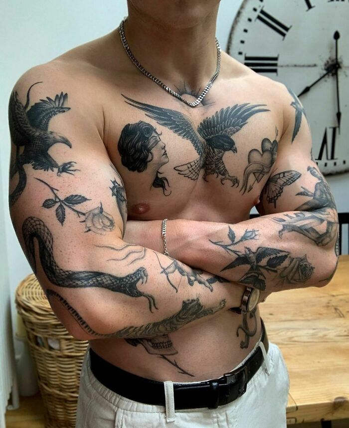 Upper Body And Arms Patchwork Tattoos