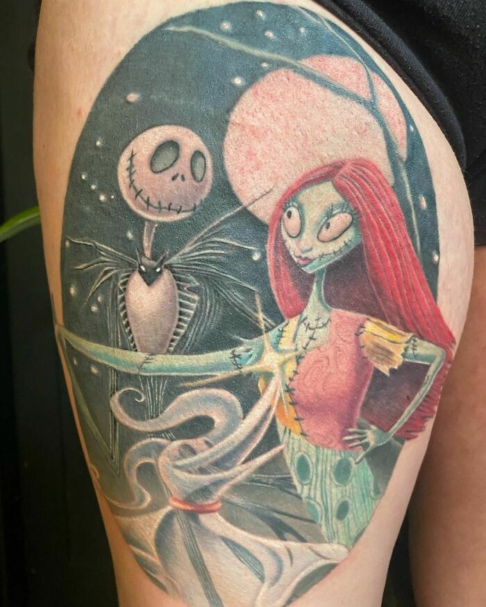 Pop culture tattoo featuring characters from a popular animated movie, showcasing a unique and artistic design.