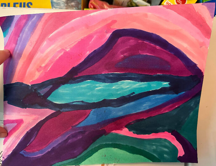 I Know It's Not That Great, But I Made It With Alcohol Markers. It Kind Of Reminds Me Of A Mountain Landscape With A Lake And A Sunset