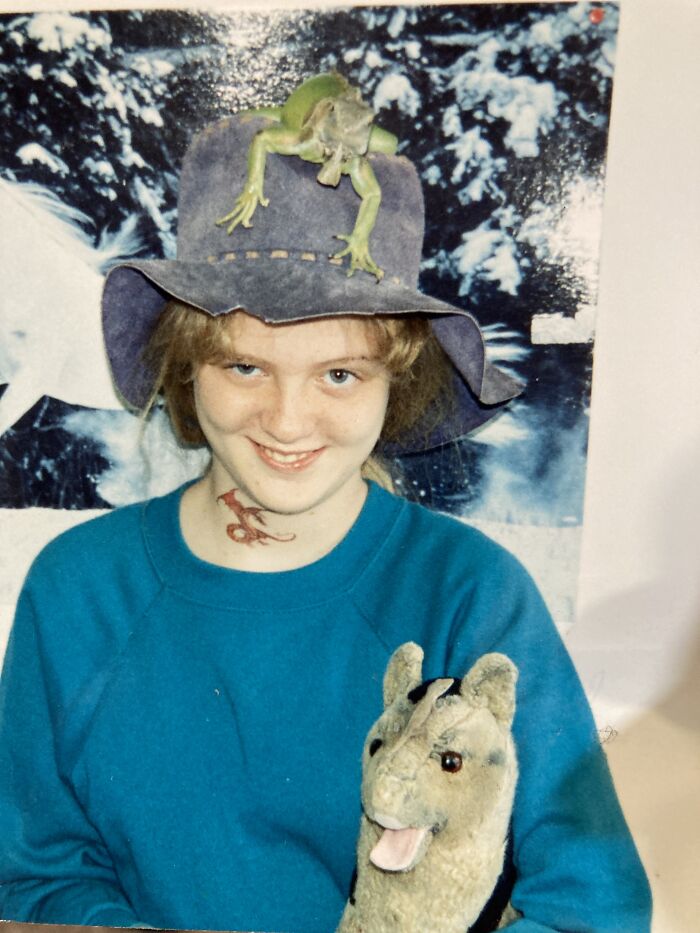 Behold 12-Year-Old Lakota Circa 1994, Equipped With Pet Iguana Patriot, Horse Poster On Wall, Childhood Stuffed Dog Chace (With Pet Anole Wolverine On Chace's Head), Temporary Tattoo Of A Dragon, And Random Blue Hat That I Loved... Oh And Matching Teal Sweatpants/Sweatshirt. I Was A Strange Child. I Still Am