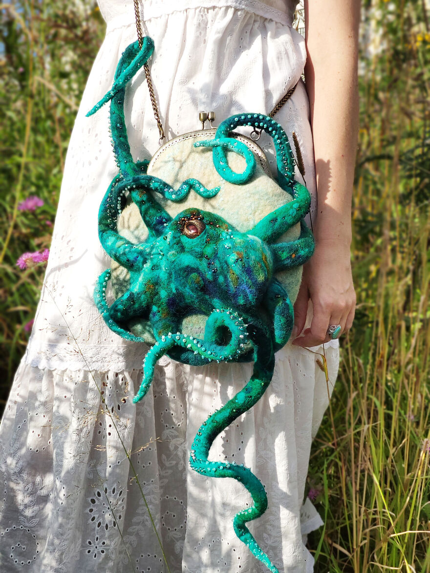 Turquoise Octopus Felt Crossbody Purse With Beaded Tentacles