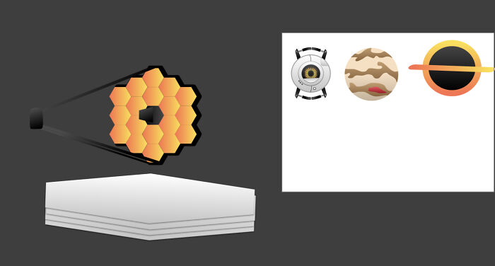 Some Designs For Stickers I’m Planning On Making. The Left Side Drawing Is That Of The James Webb Space Telescope And It’s Not Yet Completed