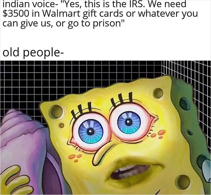 SpongeBob meme humorously depicting IRS phone scam, shared by “Meme Lord” Instagram account.