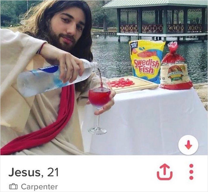 A person dressed as Jesus humorously pouring water in a meme from the “Meme Lord” Instagram account.