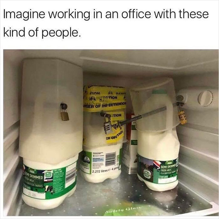 Locked milk bottles in a fridge with humorous caption, shared by Meme Lord Instagram account.