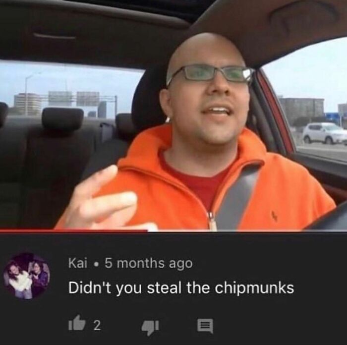 Man in car smiling, wearing an orange jacket. Comment reads, "Didn't you steal the chipmunks." Hilarious meme moment.