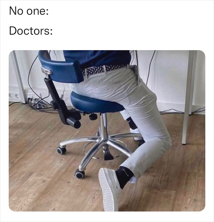 A person humorously falling off a chair labeled "Doctors", shared by Meme Lord Instagram account.