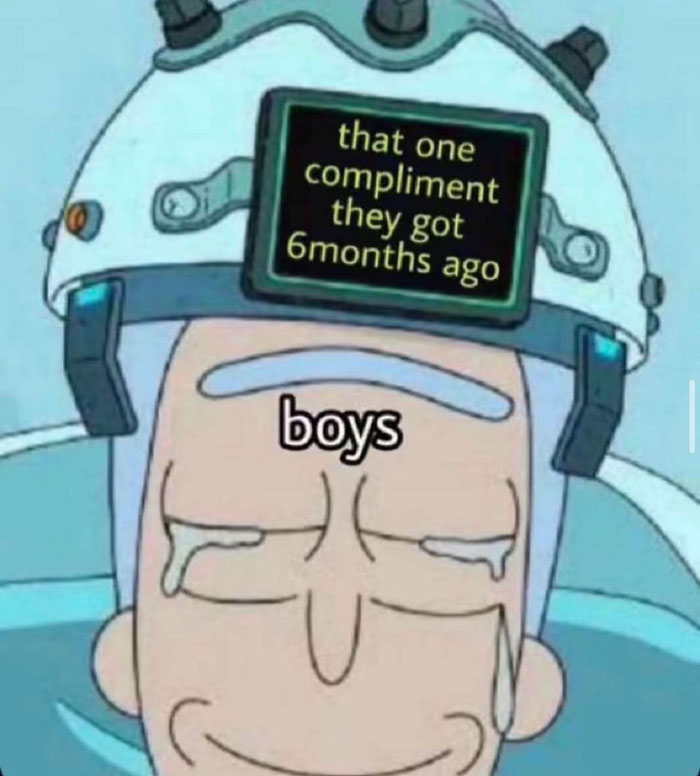 Cartoon character smiling with tears, wearing a headset displaying a past compliment; funny meme from “Meme Lord” Instagram.